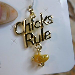 STERLING SILVER~"CHICKS RULE" PENDANT WITH HANGING ENAMELED CHICK~1"
